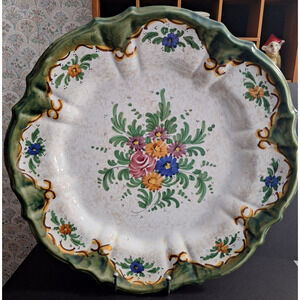 Vintage Italian Pottery Round Platter Hand Painted Floral 14" w/Hanger